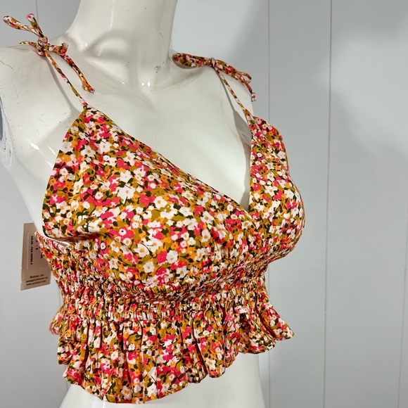 NWT Sim & Sam Pink Orange Brown Floral Smocked Ruffled Cami Spaghetti Strap Sz S - Picture 6 of 9